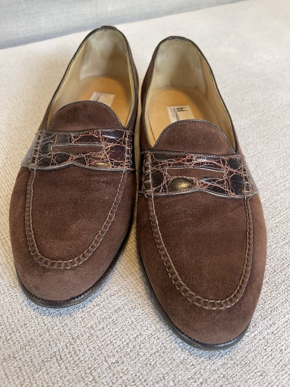 Moreschi Italy Men LoafersSz 8.5EU 9.5US Dark Brown Suede Genuine Crocodile Skin